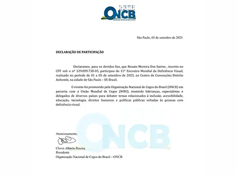 certificado participação 11º encontro mundial da deficiência visual