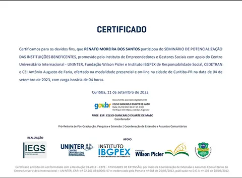 certificado de participação Seminário de potencialização das instituições beneficentes