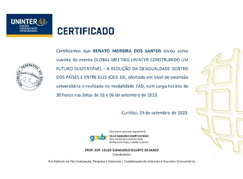 certificado evento Global meeting Uninter construindo um futuro sustentável