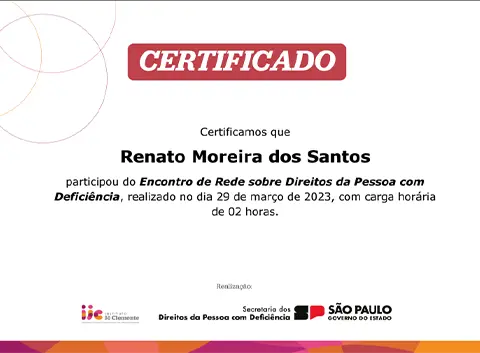 certificado participação Encontro de Rede sobre Direitos de Pessoa com Deficiência