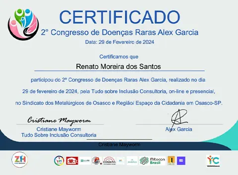 certificado participação 2º Congresso de Doenças Raras Alex Garcia